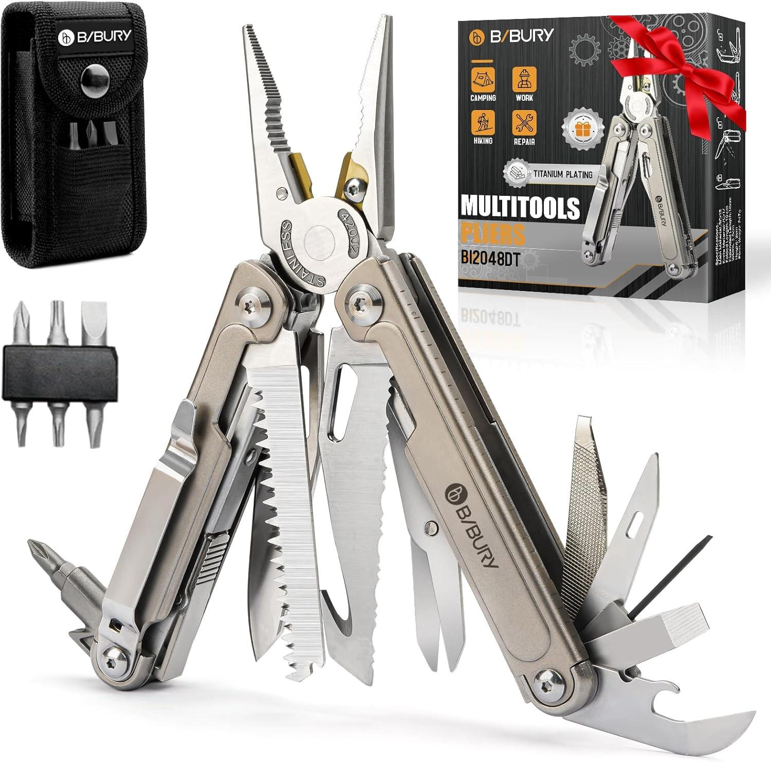 Merkloze Multitool tang met 18 functies, titanium, BI2048DT, voor camping
