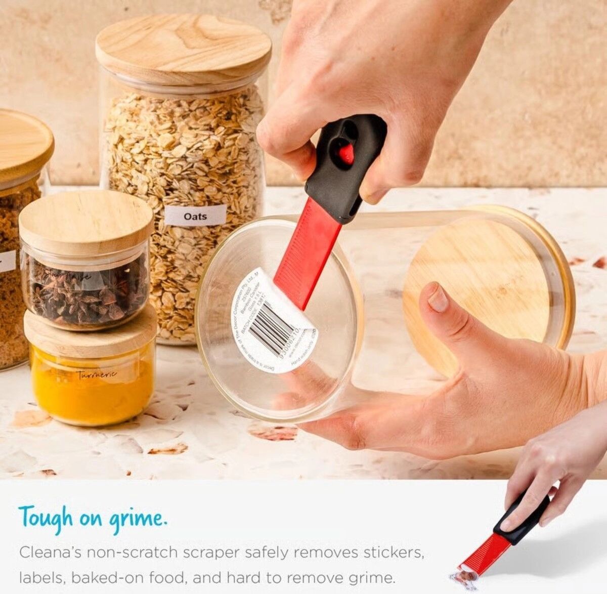 INF Grattoir auto-affûtant de nettoyage - Enlève autocollants, résidus adhésifs et aliments incrustés, crochet pour coins, Rouge