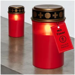 Novaliv 2 Stück Grablichter LED mit Batterie und Timer 6/18 Grablichter rot Dauerbrenner Grablicht LED Kerzen flackernde Flamme Friedhofskerze Gedenkkerze Grablaterne Ewiges Licht Trauerkerze