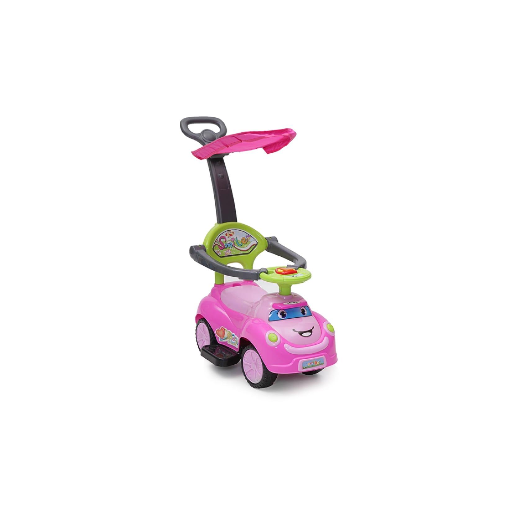 Rutschauto SMILE 3 in 1, Schubstange, Sonnendach, Fußstützen, Sicherheitsbügel rosa