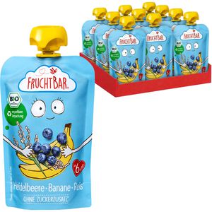 FruchtBar Fruchtpüree Quetschie, 98% Frucht, BIO, Heidelbeere, Banane & Reis, je 100 g, 8 Stück
