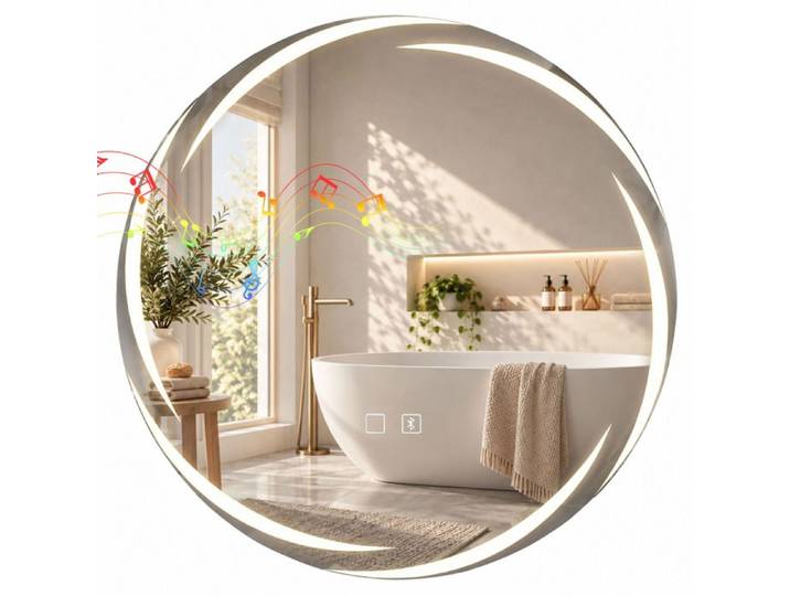 Miroir de salle de bain - HOMCOM - rond éclairage LED avant et arrière anti-buée haut-parleur bluetooth - aluminium - Ø60cm