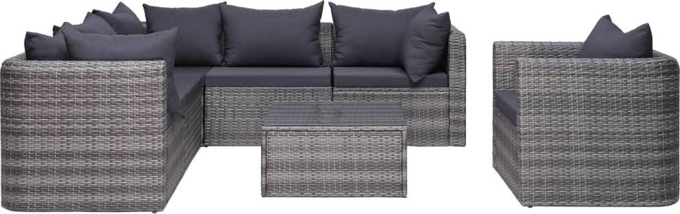 vidaXL 7-delige moderne tuinmeubelset met kussens, polyrotan, grijs, L-vormig