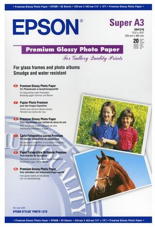 Epson Papel Premium Glossy Photo Paper, A3+, 255 g-m², 20 Hojas. Blanco