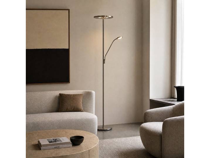 Lampadaire LED Raymond, lampe de lecture LED, 180 cm, couleur titane, métal, Lucande - Salon / séjour - Moderne - Multi-ampoules