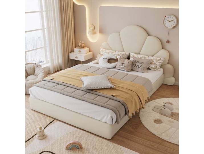 Lit double - TRUXEN8 - Tête de lit pétales - Velours beige - 140x200cm