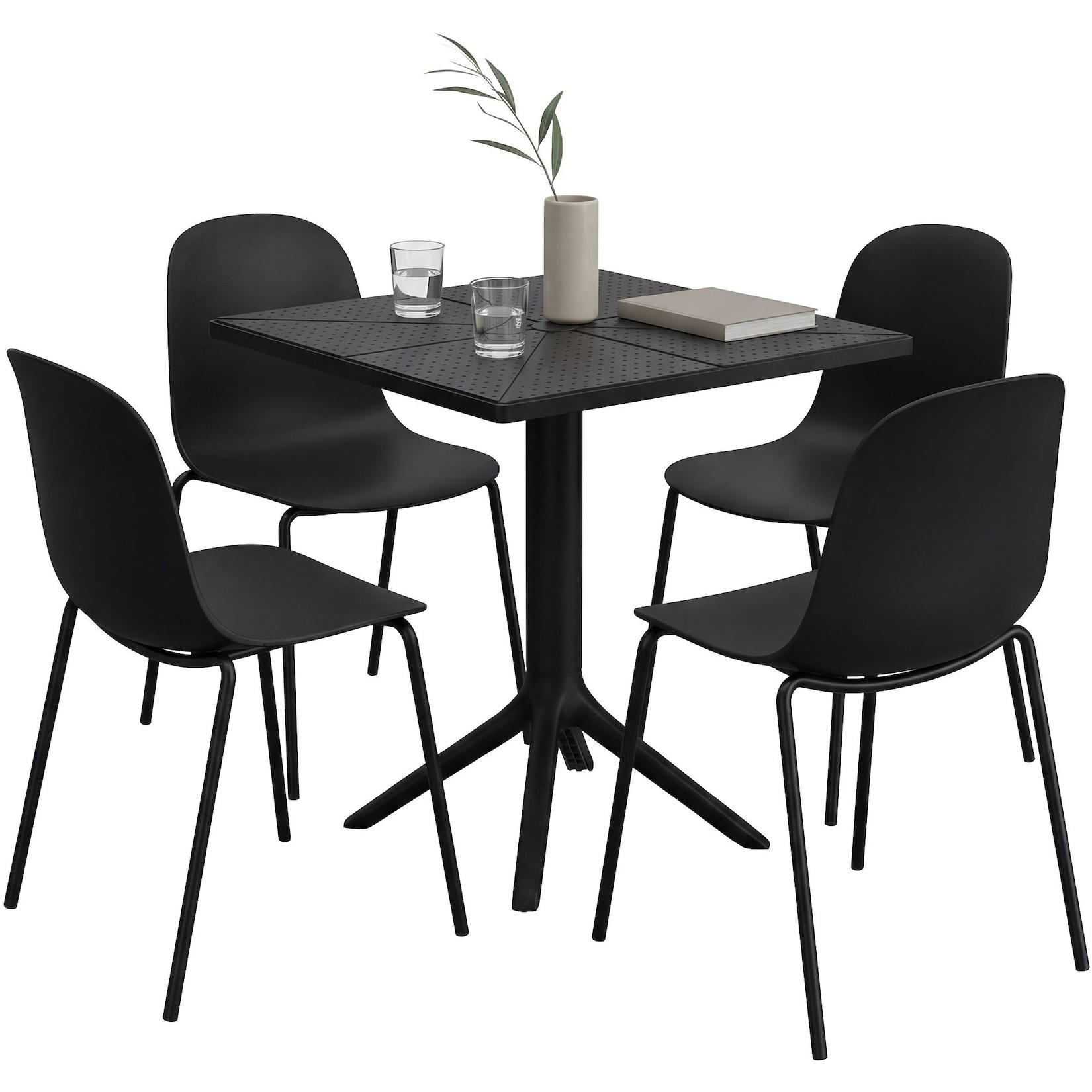 CLP Gartenmöbel-Set wetterfest Nerra, 4 Stapelstühle und quadratischer Gartentisch, ergonomisch, 5-teilige Sitzgruppe stapelbar
