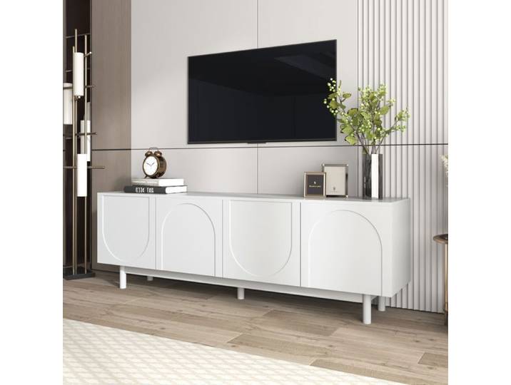 Meuble TV 175cm - Porte texture - Cloison rglable - Panneaux de particules - Blanc
