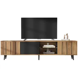 TV-Schrank 175x31,5x45cm mit 3 Türen, 1 halboffenem Regal und gehärtetem Glas, Holz + Schwarz, 6 Stützbeine, stabil, modernes Design