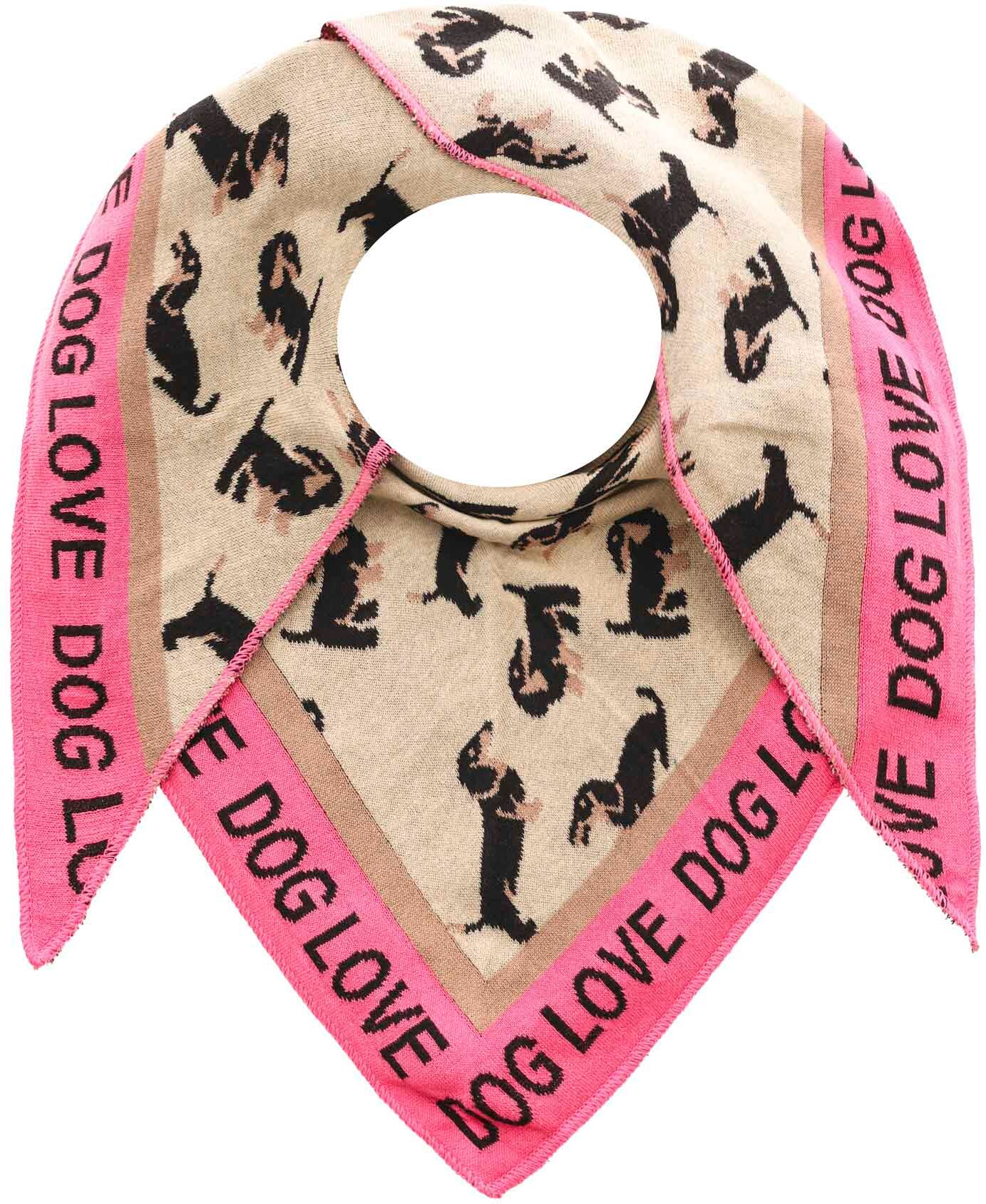 Dreieckstuch ZWILLINGSHERZ "Süsser Dackel", Damen, beige pink, Strick, Baumwollmischung, gemustert, mehrfarbig, Modetücher Dreieckstuch, Tiermotiv, Schriftzug, wärmend, Strick beige pink Einheitsgröße