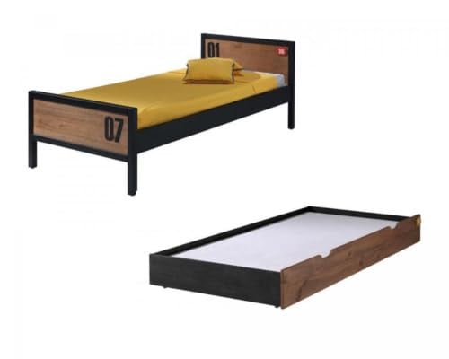 Vipack Alex Uitschuifbed in industriële stijl met nachtkastje, Breedte: 90 cm, Lengte: 200 cm