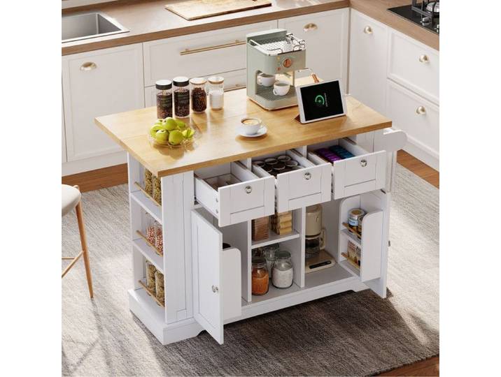 ilot central cuisine avec plan de travail pliable Table de cuisine avec 4 roues et prise intégrée et tiroir Blanc