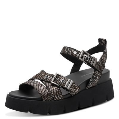 Keilsandalette TAMARIS, Damen, Gr. 37, Synthetik, braun (schwarz snake), Textil, Schlangenoptik, Basic, Schuhe, Sommerschuh, Riemchensandale im angesagten Snake-Look