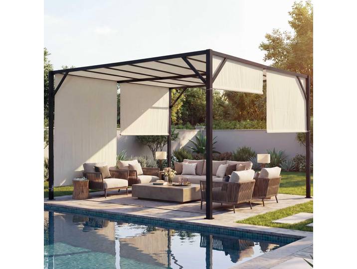 Pergola Baia, Garten Pavillon Terrassenüberdachung, stabiles 6cm-Stahl-Gestell + Schiebedach 4x3m