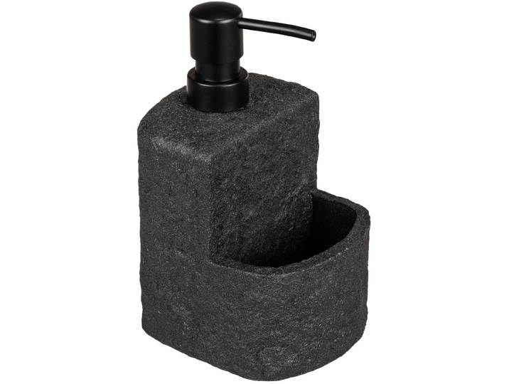 Spülmittelspender WENKO Modell Festival , schwarz (spülmittelspender: schwarz, pumpkopf: schwarz), B:10,5cm H:18cm L:11cm, Polyresin (Kunststein), Dosierspender, Spülmittelspender, aus Polyresin, Steinoptik, mit Spülschwamm-Fach, 380 ml