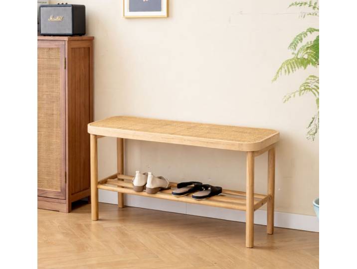 Banc avec rangement en pin massif et rotin