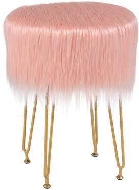 Costway Faux Fur Vanity Stool Chair with Metal Legs for Bedroom and Living Room-Pink