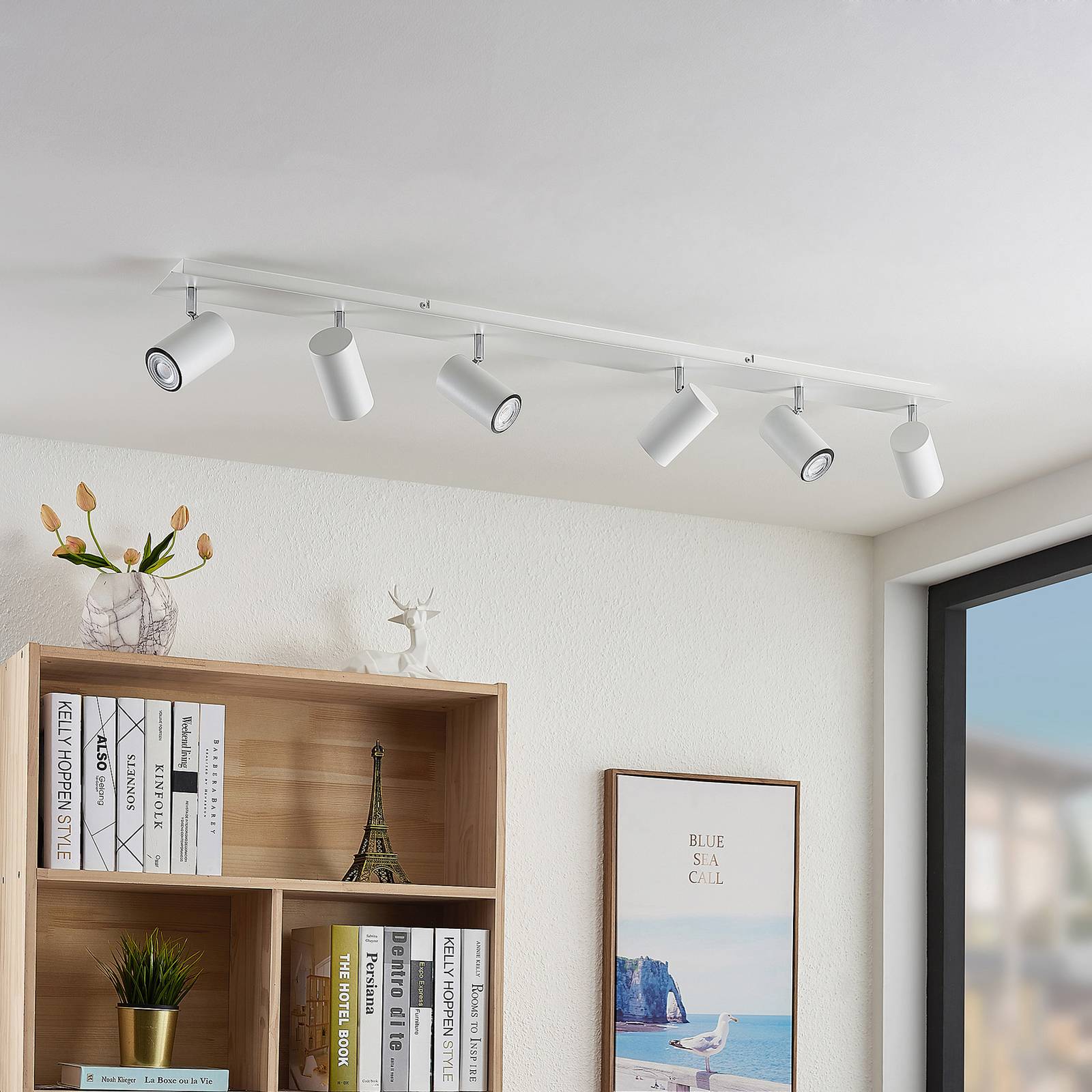 Lindby Deckenstrahler Joffrey, 116 cm, weiß, 6-flg., GU10 Joffrey Lindby, dimmbar, weiß / opal, für Wohn- / Esszimmer, Metall, Modern, Strahler