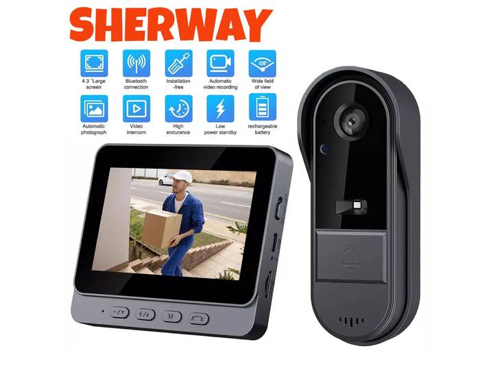 Sonnette Wi-Fi sans fil avec caméra, interphone vidéo 1080P, étanche, écran IPS 4,3 , sonnette de porte de sécurité à domicile, vision nocturne IR