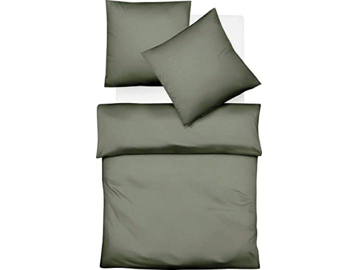fleuresse Lech Edelflanell Bettwäsche 200x200 Fischgrät Uni Oliv grün 603089-05