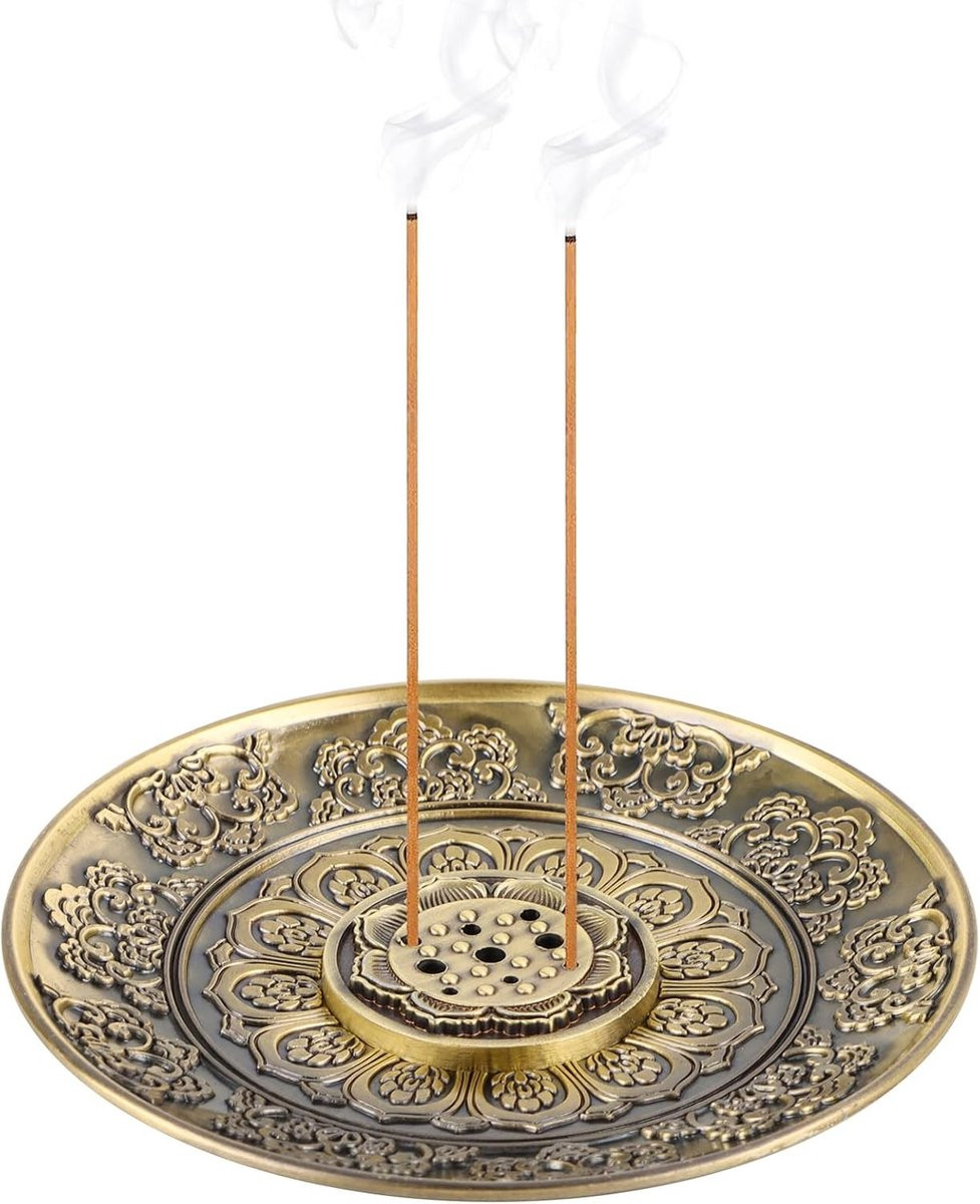 Lotusvormige wierookhouder van messing met brander en schotel voor wierookstokjes en kruiden