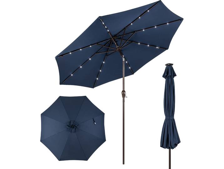 COSTWAY Sonnenschirm 300cm mit 8 Rippen LED-Solar-Beleuchtung & Kurbel, Gartenschirm beidseitig um 30° knickbar Terrassenschirm Marktschirm Dunkelblau