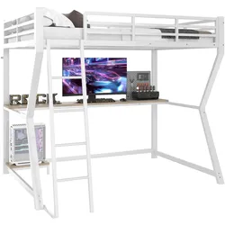 MODFU Hochbett 90x200 mit LED-Beleuchtung und Schreibtisch, Metallrahmen/MDF, Weiß – Multifunktionales Bett für Arbeiten und Lernen