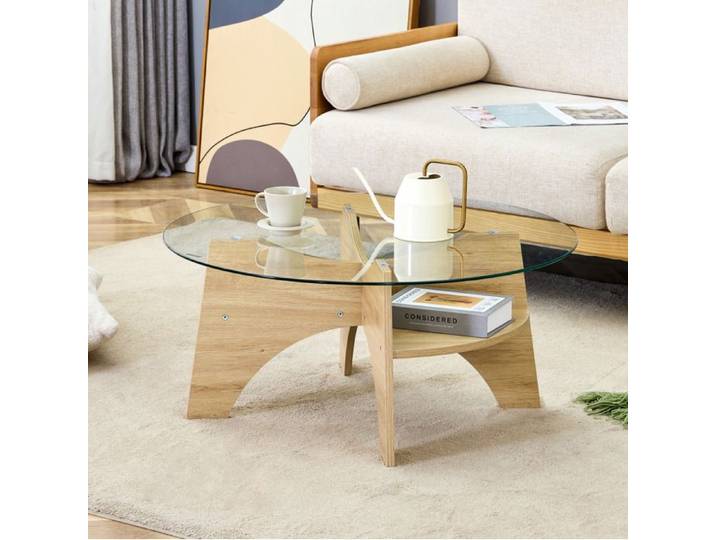 Table basse ronde en verre transparent avec piètement éventail décor bois
