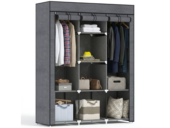 Armoire penderie multi-rangement - 8 étagères 2 barres - non tissé gris