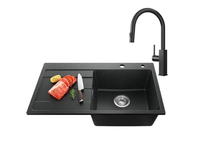CECIPA Küchenspüle Schwarz 78 x 45 cm mit Wasserhahn Ausziehbar, Spüle Küche, Granitspüle ab 45 cm breite Unterschränke, Spülbecken inkl. Siphon Ab- und Überlaufgarnitur, Spüle mit Abtropffläche