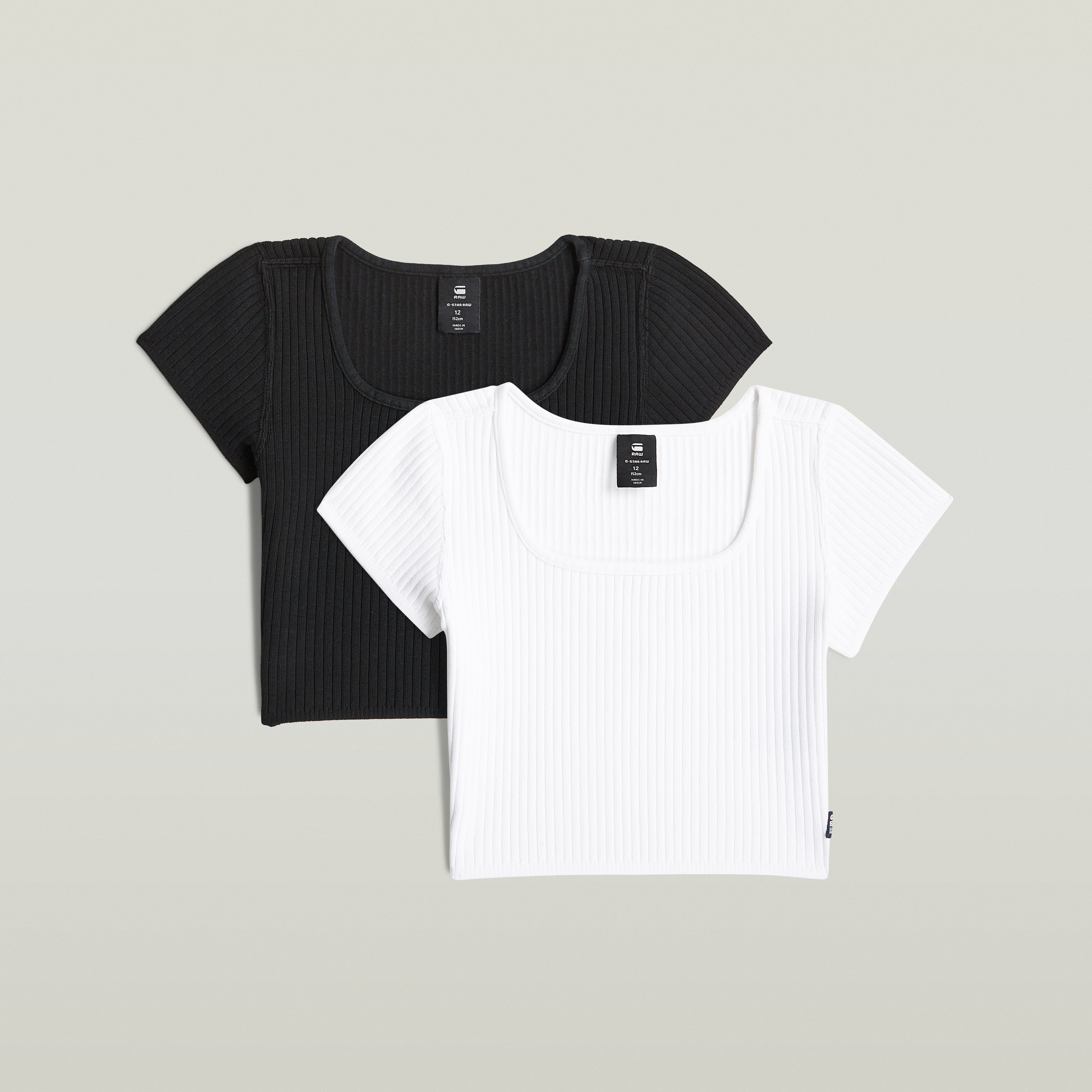 T-Shirt G-STAR "KIDS, SOUTH TEE SS 2-PACK G", Mädchen, Gr. 14 (158), schwarz-weiß (weiß, dk schwarz), Rippstrick, Obermaterial: 100% Baumwolle, unifarben, slim fit bauchfrei, eckiger Ausschnitt, Shirts T-Shirt, in gerippter Struktur, bauchfrei