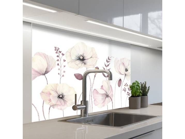 KitchenYeah crédence de cuisine Fleurs Pastel et Plantes Blanc