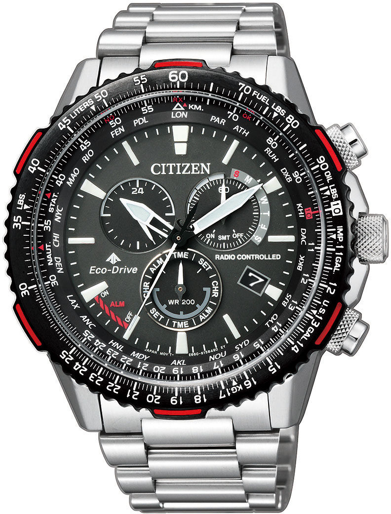 Funkchronograph CITIZEN "Promaster Sky", silber (silberfarben, schwarz, schwarz), Armbanduhren, Herren, silberfarben-schwarz, Funkchronograph, Armbanduhr, Herrenuhr, Solar, Stoppfunktion, bis 20 bar wasserdicht silberfarben, schwarz, schwarz silberfarben-