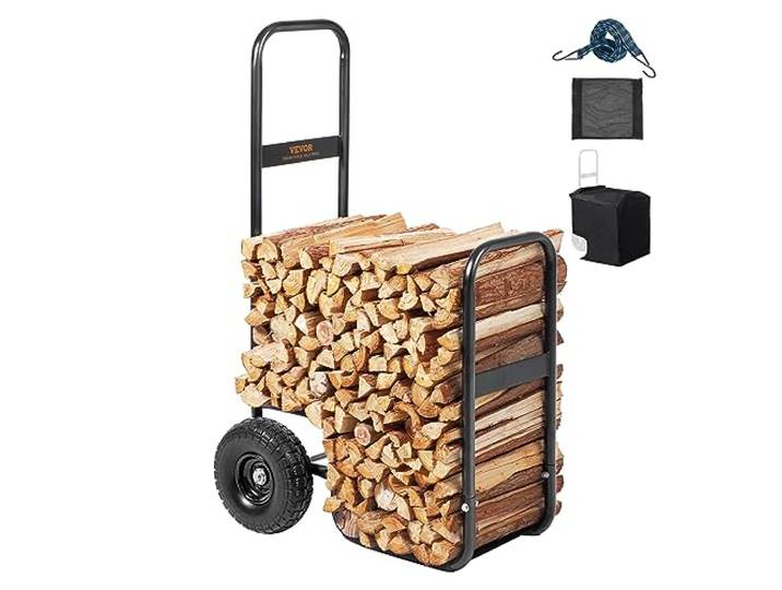 VEVOR Chariot Transport Bois de Chauffage Charge 113\,4 kg Chariot de Bûches de Bois Acier 67x52x110 cm Range Bûche Intérieur avec Roues PU Housse Imperméable Porte Bûche Extérieur pour Cheminée\, Noir