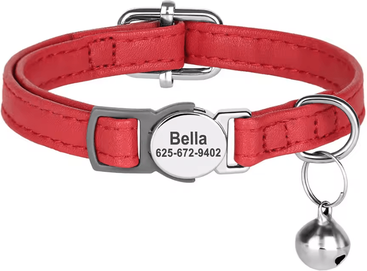 Inspire Curations Personalized PU Leather Cat Collar With Engraved Nameplate & Bell red