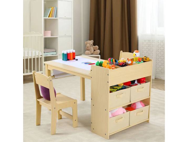 Ensemble de table et chaise d'art pour enfants avec 2 chaises, table artisanale en bois avec étagères de rangement, bacs en toile, rouleau de papier, table de salle de jeux pour enfants