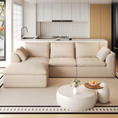 Loedds 108.3-inch L-Shaped Modular Sofa with Single Chaise Lounge, Deep Seats and Removable Covers in Khaki