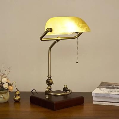 Uplifted Finds Classical Retro Vintage Metal Wood Banker Table Lamp E27 LED Green Glass Shade For Bedside Study Reading iron C1