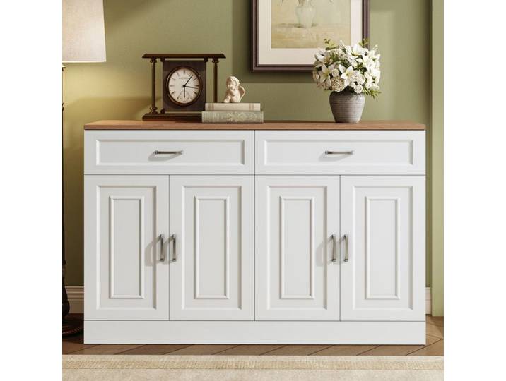 Buffet moderne - 4 portes - 2 tiroirs - Etagères réglables - Blanc Rustique et Bois