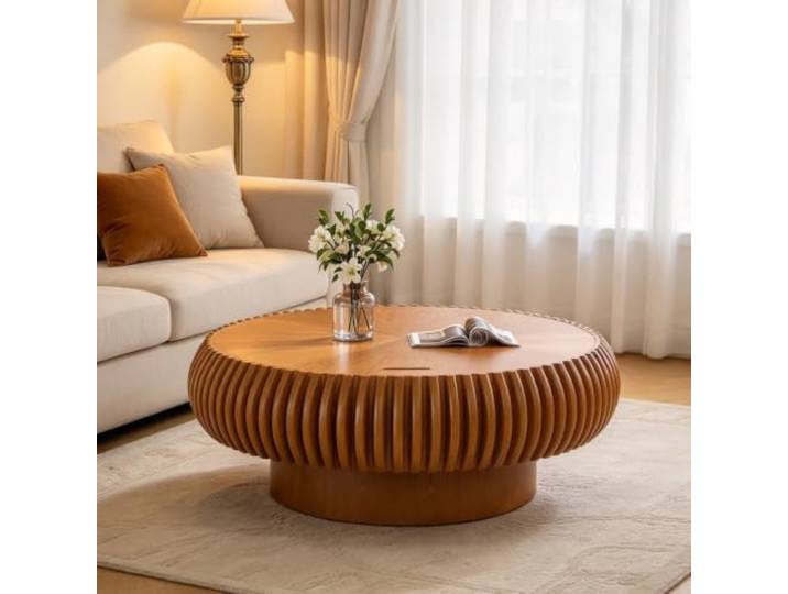 LOVEHOUGES Runder, geriffelter Couchtisch mit Massivholzfurnier Handgefertigter, moderner Couchtisch in Trommelform – einfache Montage – ideal für Wohnzimmer, kleine Apartments
