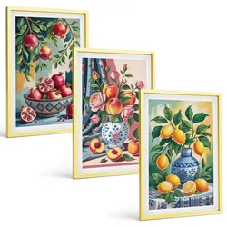 BILDER SET 3er Set - 40x60 cm Goldrahmen - Blumen und Früchte in Vasen