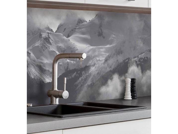 MyMaxxi Küchenrückwand Küchenrückwand selbstklebend Berge schwarz weiß Spritzschutz Folie, (Klebefolie Küchenrückwand aufgerollt B 340 cm x H 60 cm), BW-Berge B 340 cm x H 60 cm