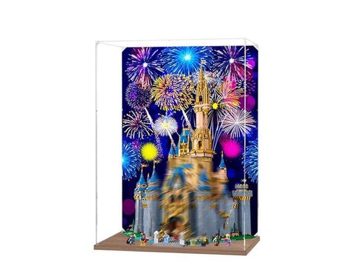 Acryl-Vitrine für Lego 43222 Schlossmodell, 3 mm staubdichte Schaukasten, Vitrine kompatibel mit Lego 43222 (Modell nicht im Lieferumfang enthalten) (Hintergrund 3 mm Holzsockel)