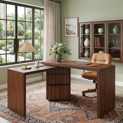 Merax 360 Modern L-Shape Rotating Desk with 3 Drawers and Space-Saving Convertible Workstation