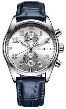 Everyday Crate Ochstin 5043G Mens Quartz Watch Waterproof Genuine Leather Business Wrist Watch silver+white+blue