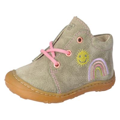 Lauflernschuh PEPINO BY RICOSTA "MECKI", Baby, Gr. 22, Leder, grau (eukalyptus, regenbogen), Nubukleder, bestickt, Schuhe Lauflernschuh, Schnürschuh mit Lederinnenausstattung, Größenschablone zum Download