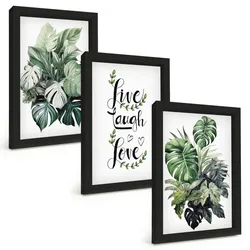 BILDER SET 3er Set - 20x30 cm Schwarzer Rahmen - Blattpflanzen leben, lachen, lieben