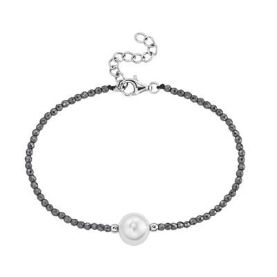 Armband SMART JEWEL "mit Edelstein-Kugeln + Muschelkern-Perle, Silber 925", grau, Armbänder, Damen, 19cm, Silber 925 (Sterlingsilber), Armband