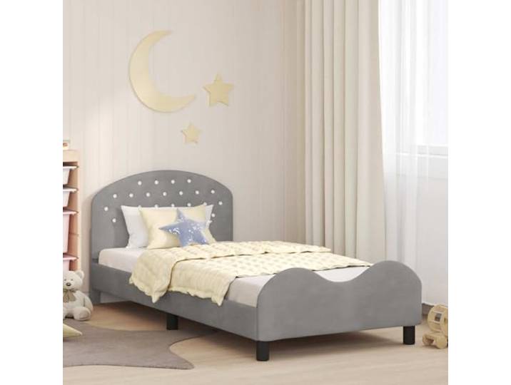 Holzwerkstoff Gestell mit Staufächern Modernes Design Niedriges Bett 90 x Kinderbettgestell mit Kopfteil Hellgrau 90x200 cm Samt Einzelbett inklusive Lattenrost mit Stauraum Modernes Niedriges Design