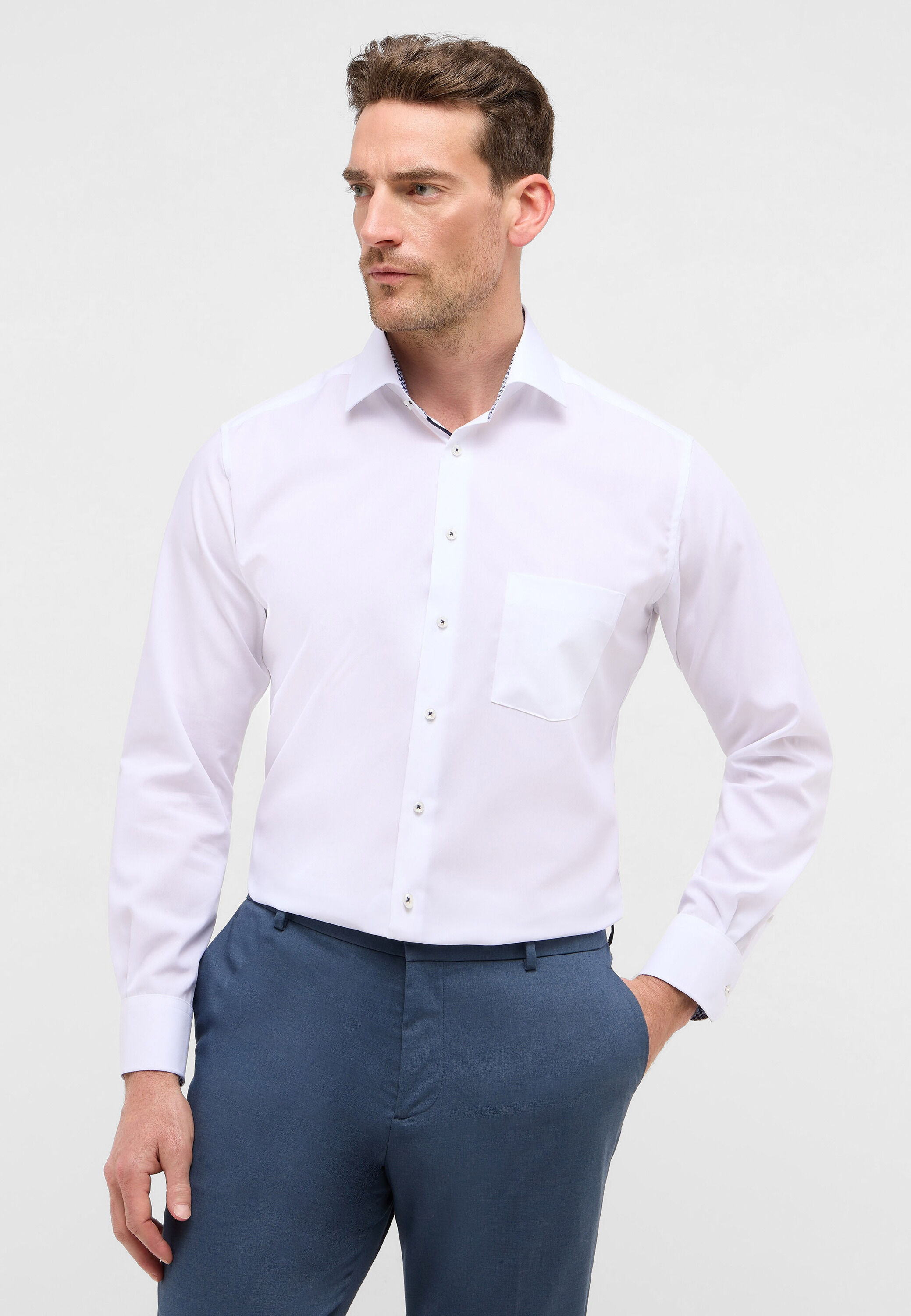 Langarmhemd ETERNA "MODERN FIT", Herren, Gr. 43, verkürzte Ärmellängen, weiss (weiß), Popeline, 100% Baumwolle, tailliert, Manschette, Hemden Langarmhemd, NON IRON (bügelfrei) weiß 43, verkürzte Ärmellängen